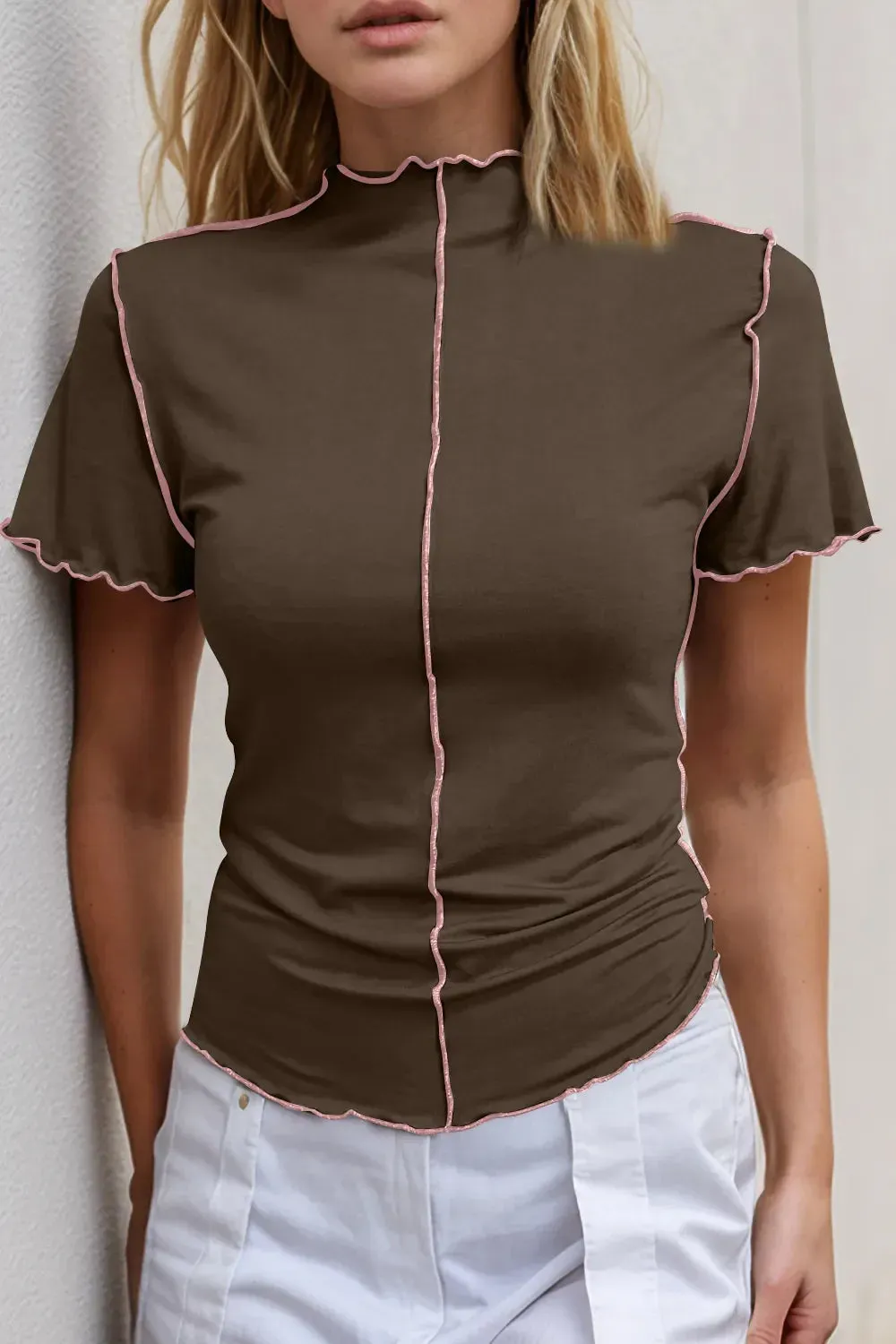 Basic Bae Contrast Trim Mock Neck Short Sleeve T-Shirt sold by Zulily product image thumbnail 2