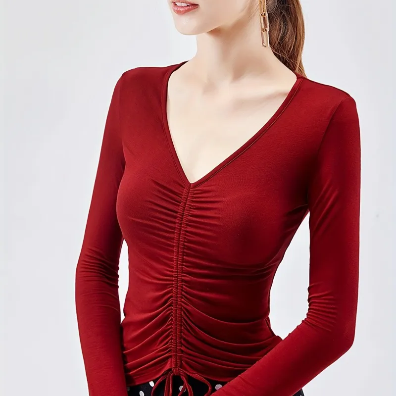 Solid Drawstring Ruched V-neck T-Shirt, Casual Long Sleeve T-Shirt For Spring & Fall, Women's Clothing made by Zulily