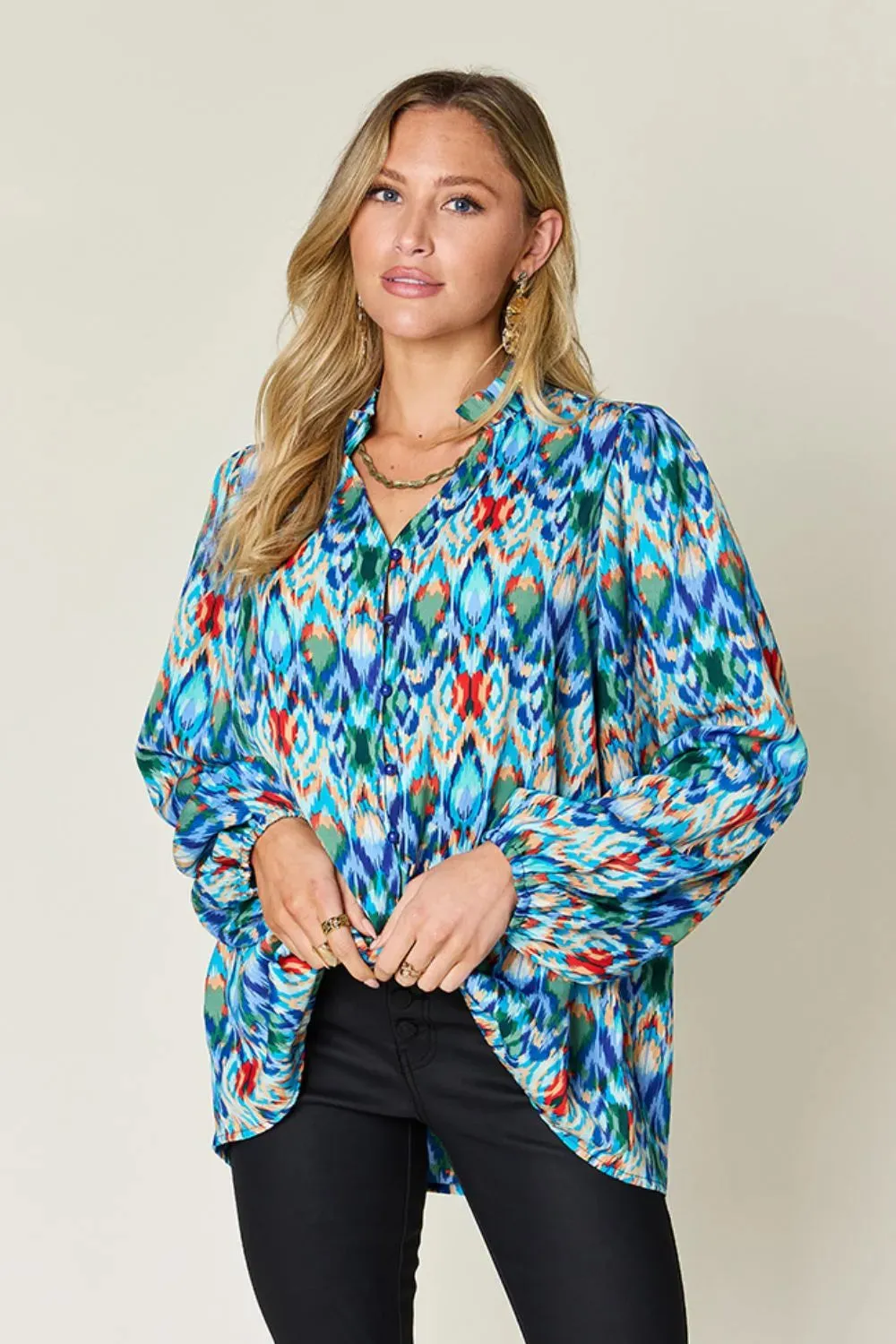 Double Take Full Size Printed Balloon Sleeve Blouse sold by Zulily