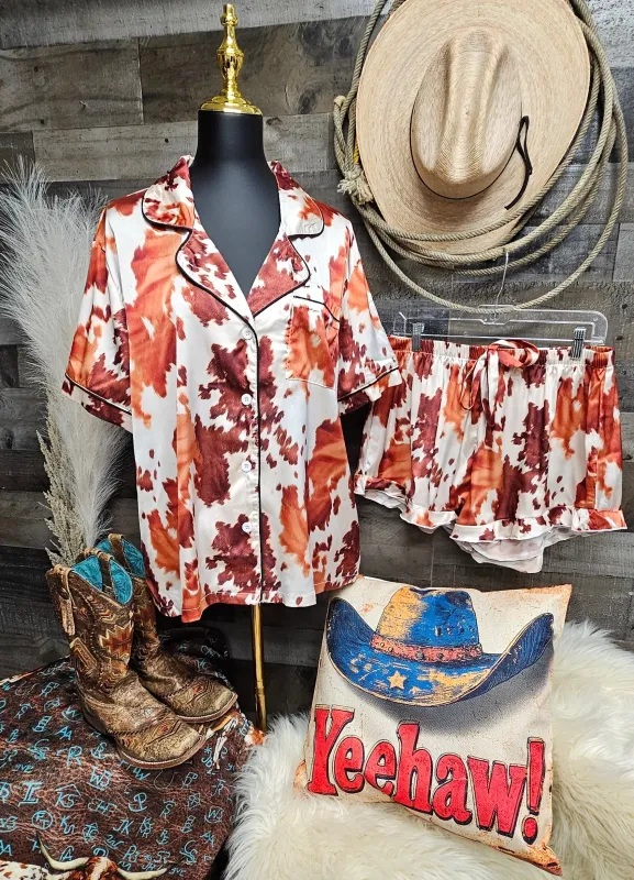 Baha Ranch Cow Hide Print Western Cowgirl Satin Pajama Set made by Zulily