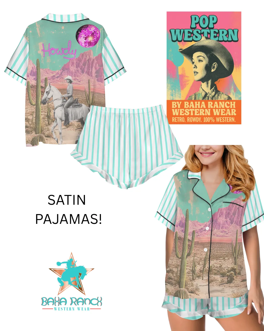 Baha Ranch Retro Pop Western Howdy Desert Cowgirl Satin Pajamas sold by Zulily product image thumbnail 2