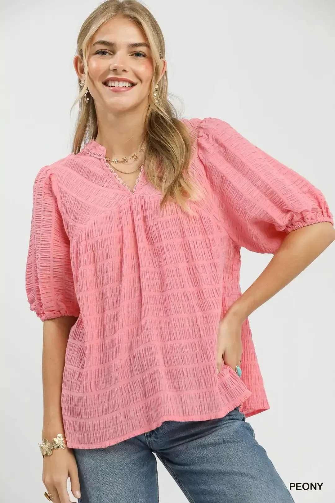 Umgee Textured Puff Sleeve Blouse sold by Zulily