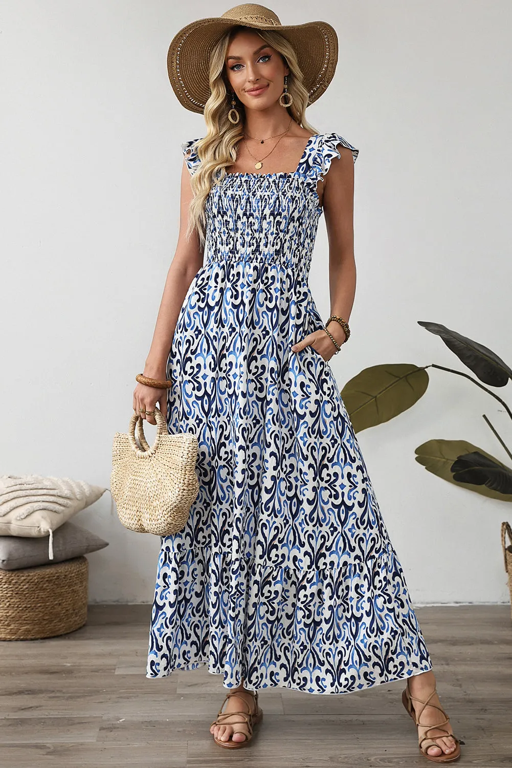 Sky Blue Boho Print Smocked High Waist Maxi Dress sold by Zulily product image thumbnail 3