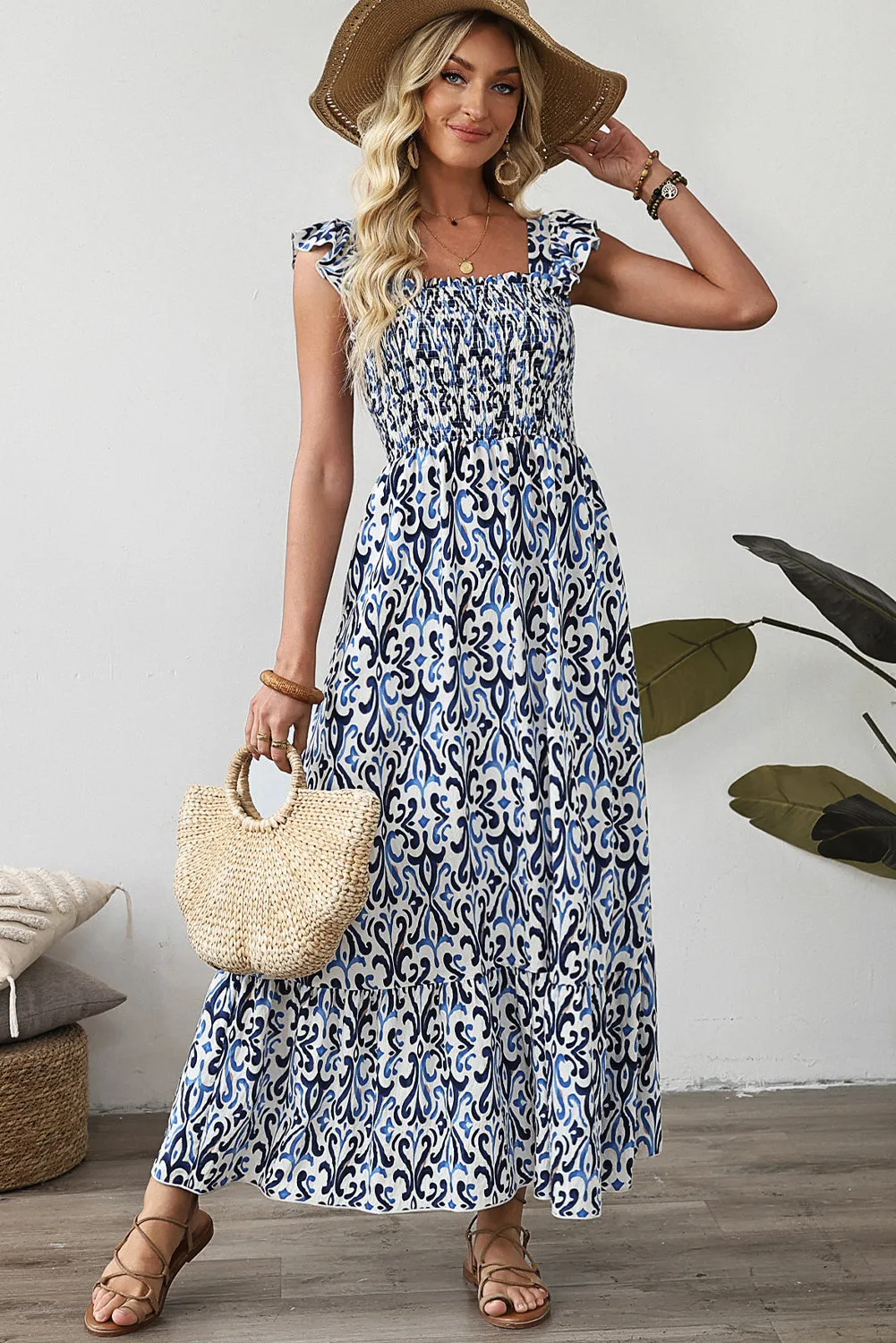 Sky Blue Boho Print Smocked High Waist Maxi Dress sold by Zulily product image thumbnail 5