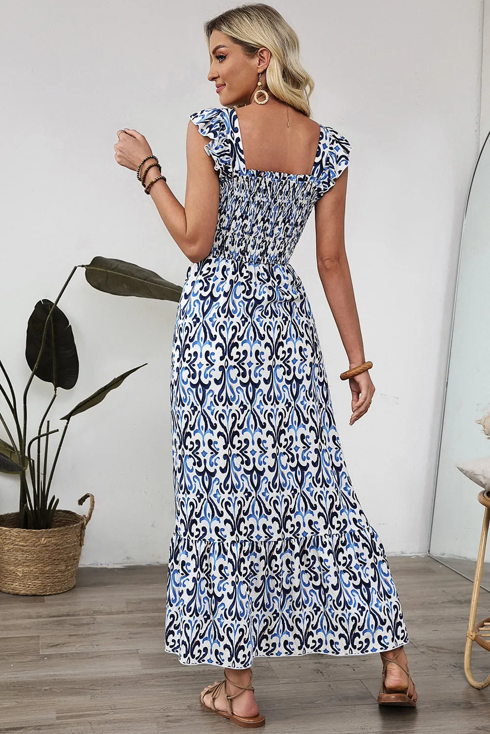 Sky Blue Boho Print Smocked High Waist Maxi Dress sold by Zulily product image thumbnail 2