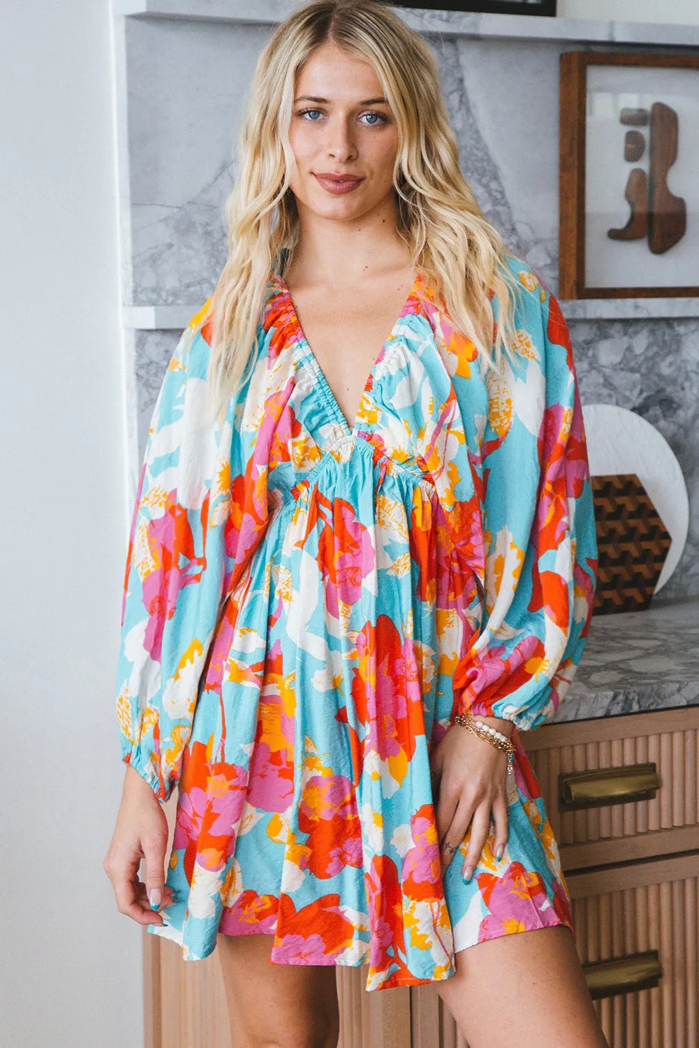 Sky Blue Floral Bracelet Sleeve Empire Waist Mini Dress sold by Zulily product image thumbnail 5