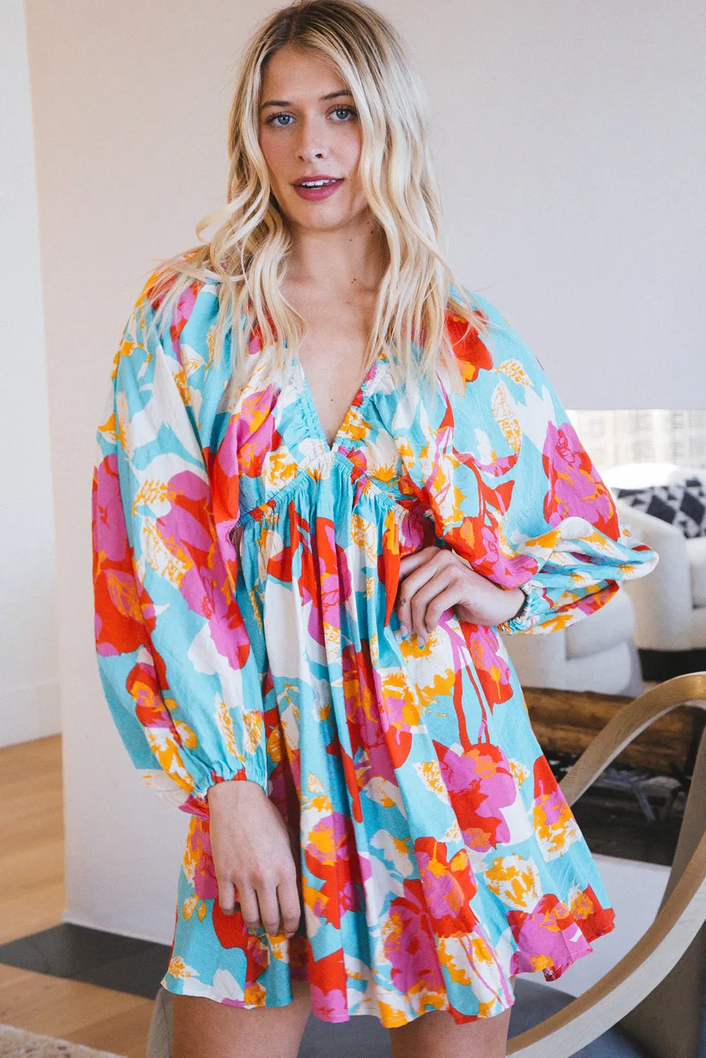 Sky Blue Floral Bracelet Sleeve Empire Waist Mini Dress sold by Zulily product image thumbnail 3