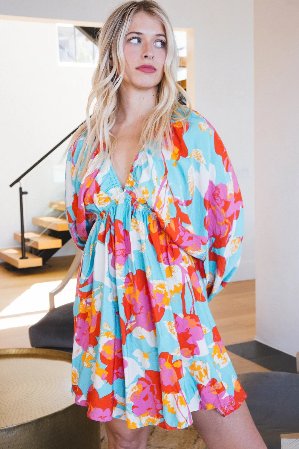 Sky Blue Floral Bracelet Sleeve Empire Waist Mini Dress sold by Zulily product image thumbnail 4