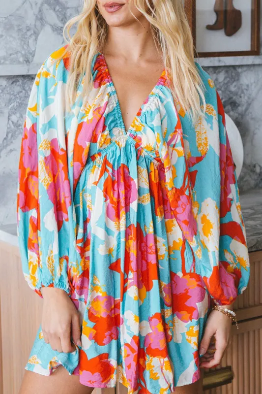 Sky Blue Floral Bracelet Sleeve Empire Waist Mini Dress made by Zulily
