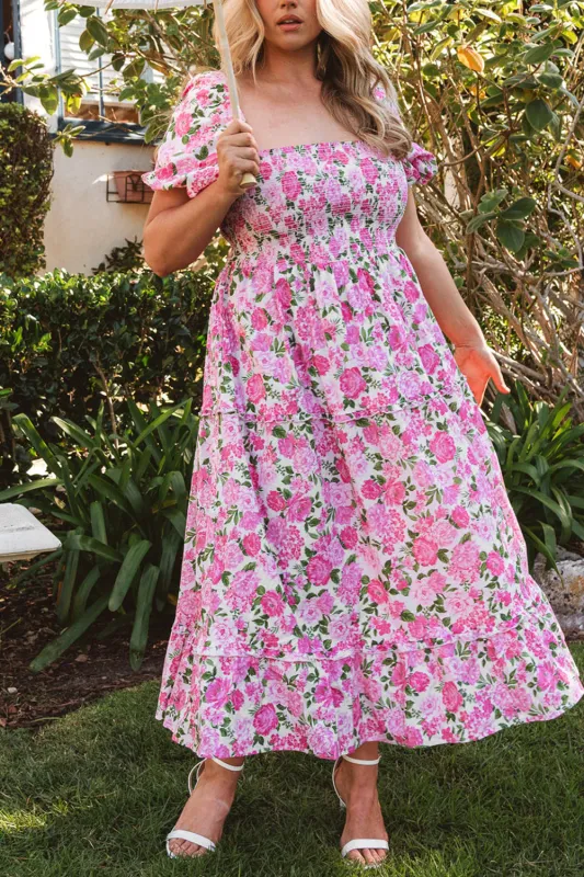 Pink Dainty Floral Smocked Puff Sleeve Flowy Long Dress made by Zulily