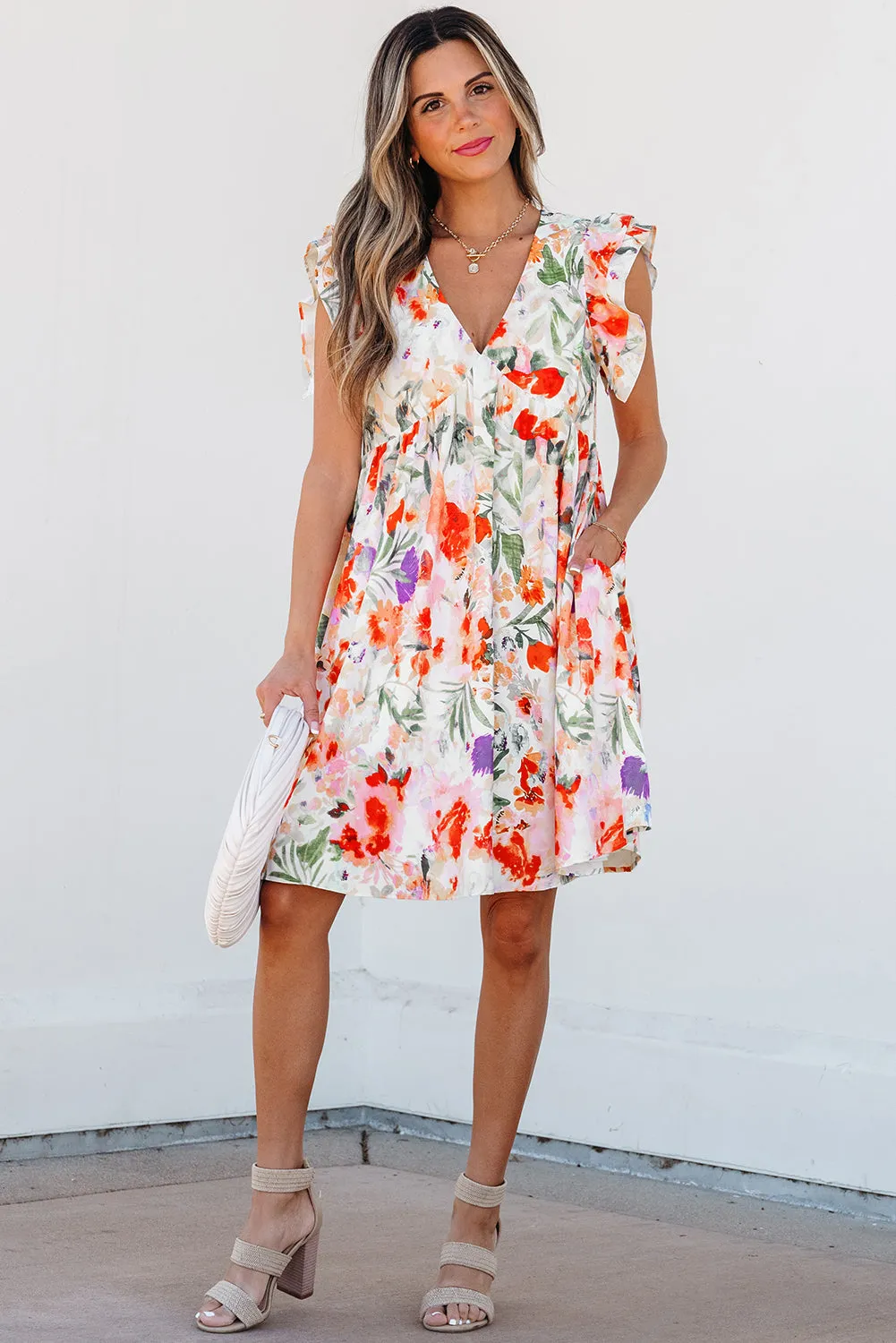 Pink Floral Double Ruffle Sleeve V Neck High Waist Mini Dress sold by Zulily product image thumbnail 5