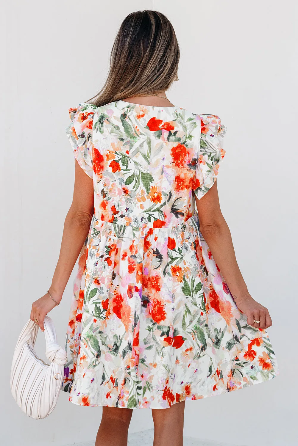 Pink Floral Double Ruffle Sleeve V Neck High Waist Mini Dress sold by Zulily product image thumbnail 2