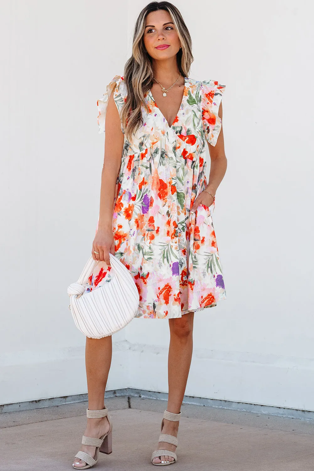 Pink Floral Double Ruffle Sleeve V Neck High Waist Mini Dress sold by Zulily product image thumbnail 3