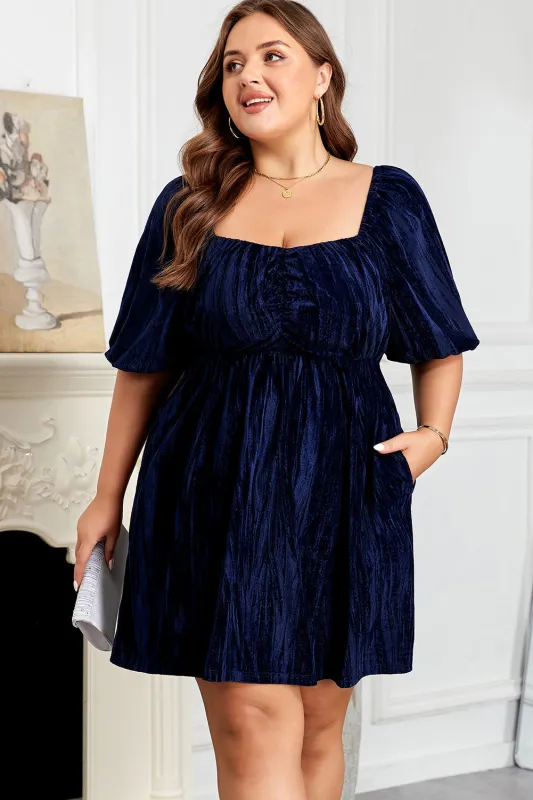 Navy Blue Velvet Ruched Bust Square Neck Short Puff Sleeve Plus Dress made by Zulily