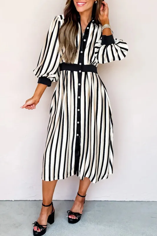 Black Stripe 3/4 Puff Sleeve Shirt Style Button Down Midi Dress made by Zulily