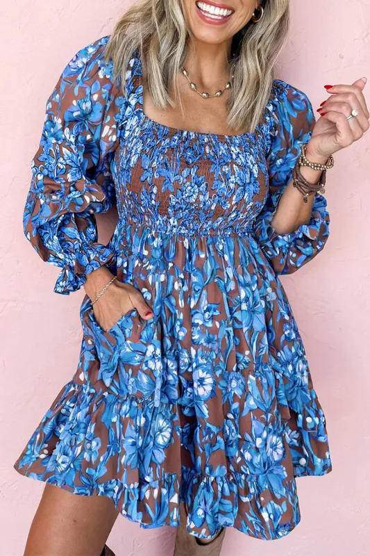 Blue Smocked Bodice High Waist Ruffled Sleeve Floral Dress made by Zulily