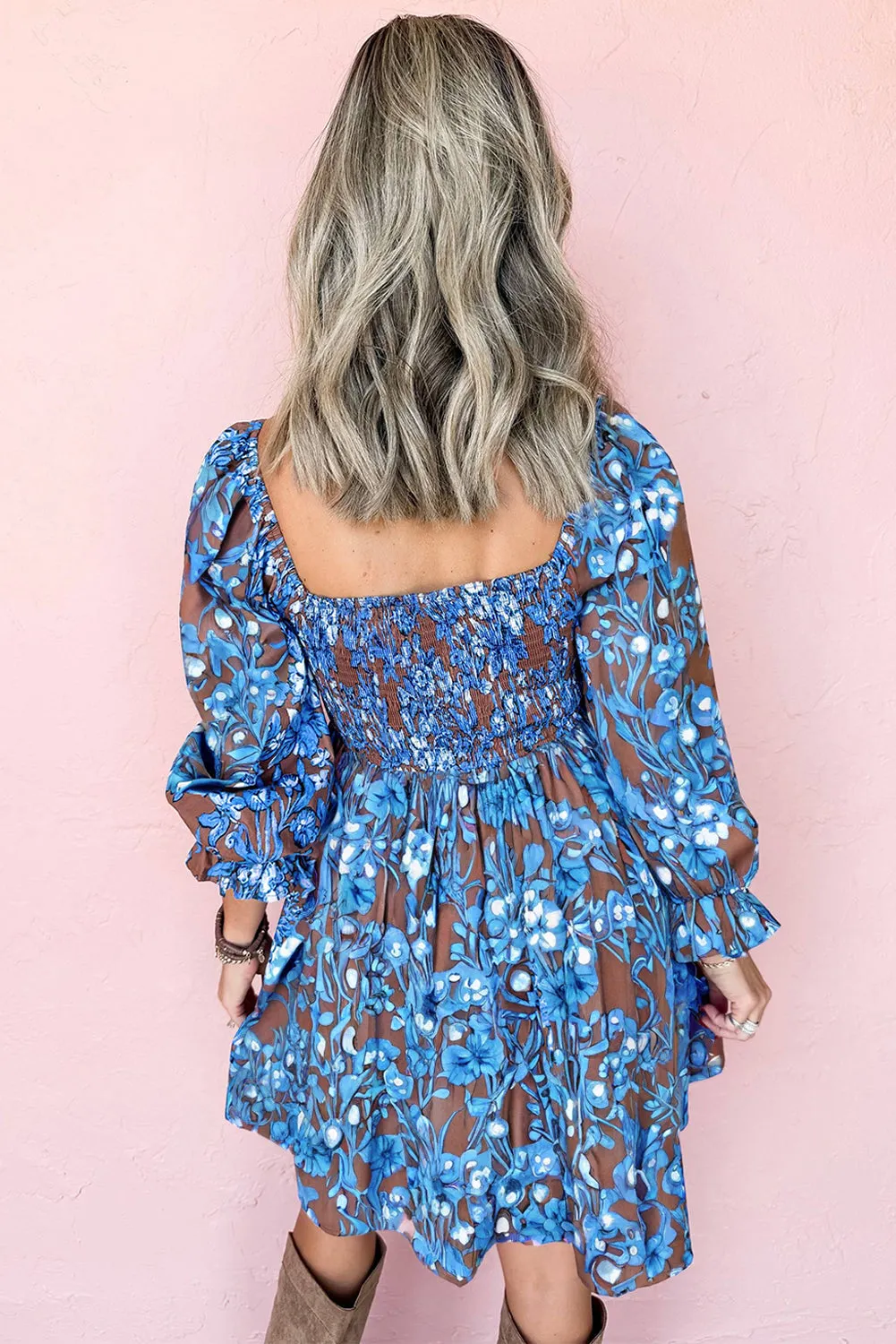 Blue Smocked Bodice High Waist Ruffled Sleeve Floral Dress sold by Zulily product image thumbnail 2