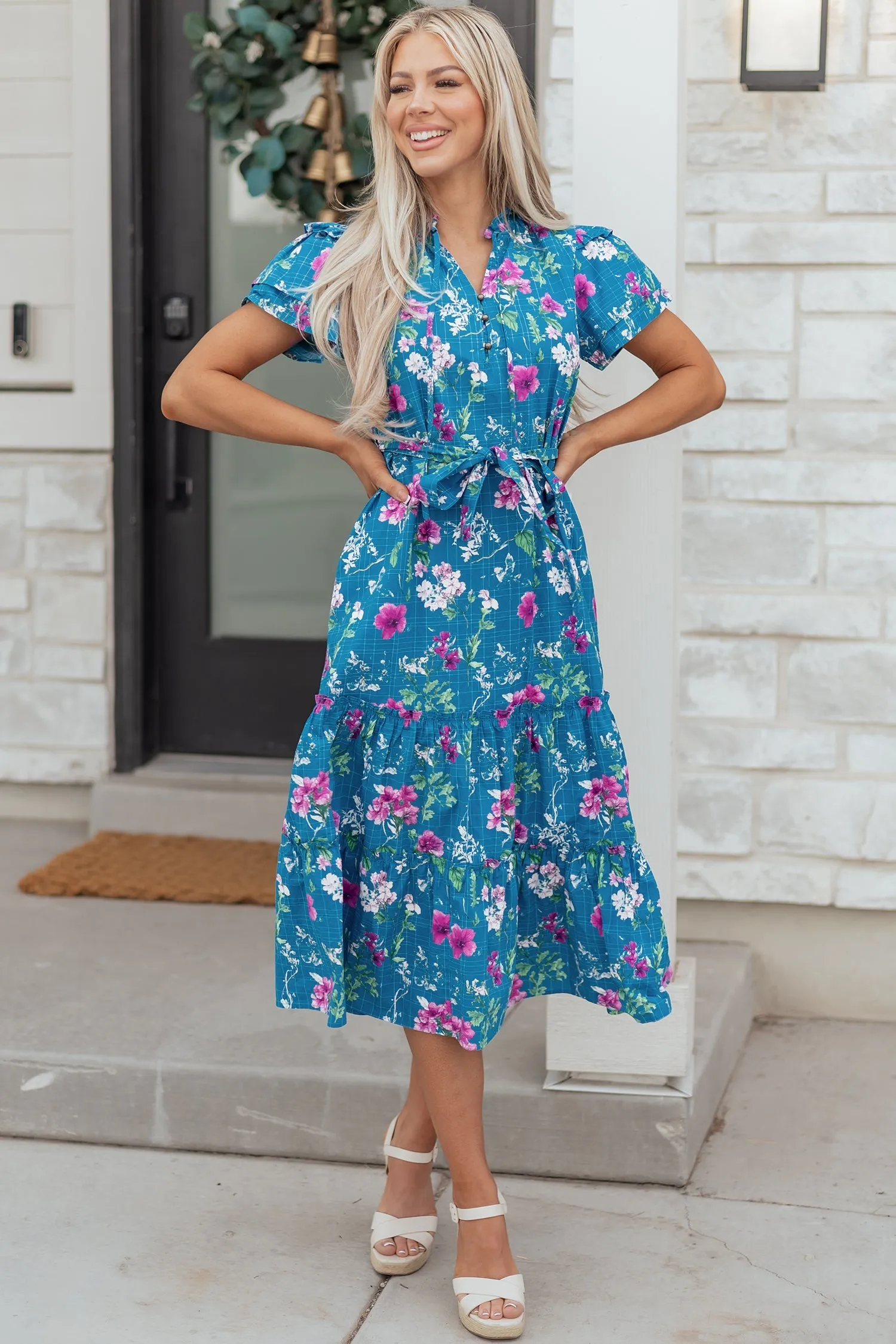 Blue Floral Flutter Sleeve Button Tie Split Neck Belted Long Dress sold by Zulily product image thumbnail 4
