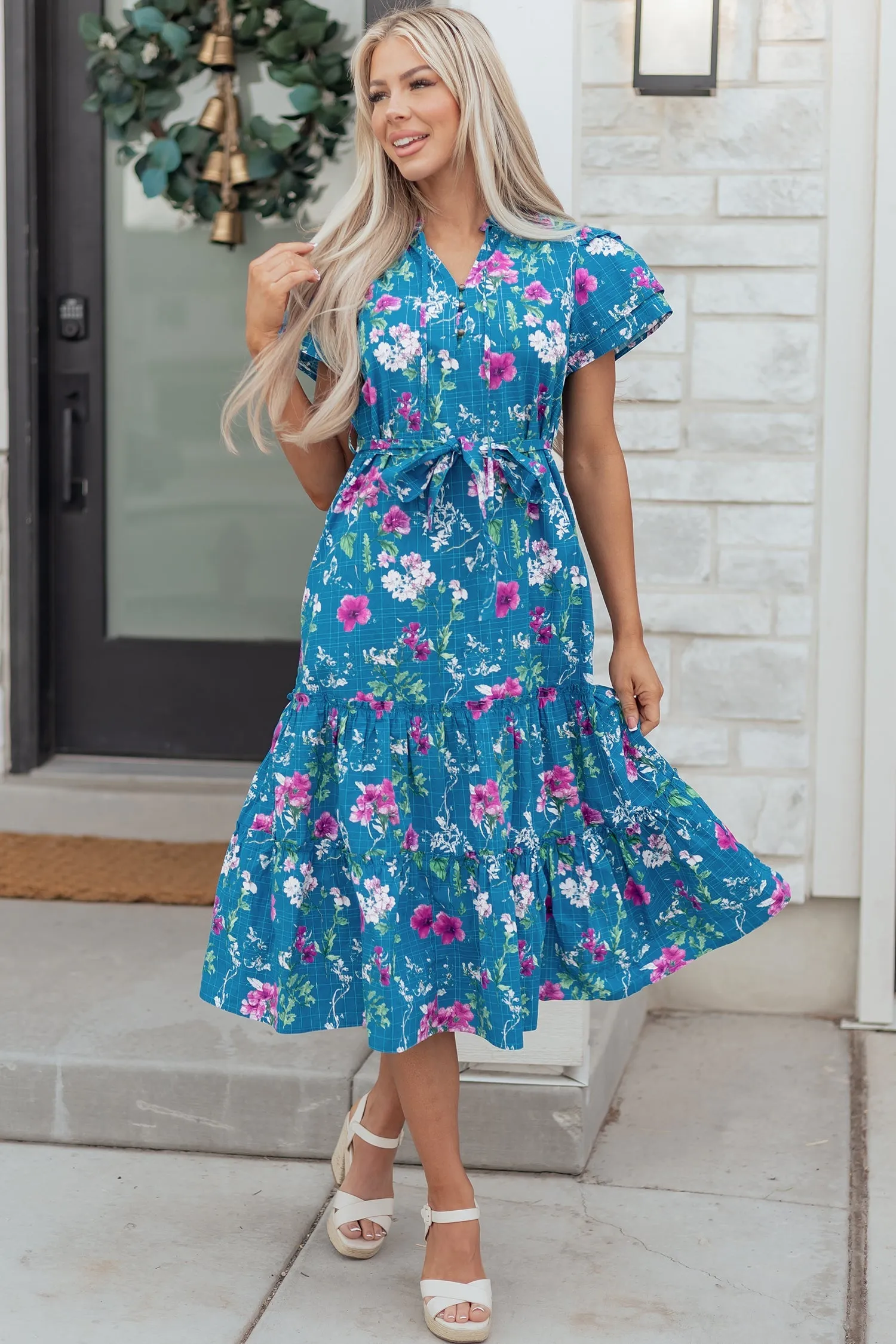 Blue Floral Flutter Sleeve Button Tie Split Neck Belted Long Dress sold by Zulily