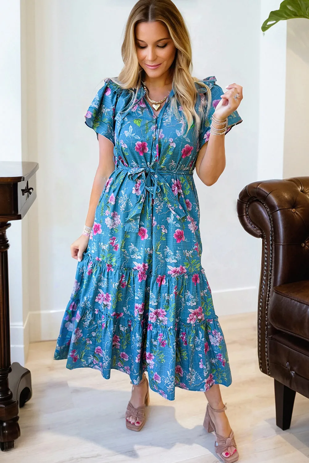 Blue Floral Flutter Sleeve Button Tie Split Neck Belted Long Dress sold by Zulily product image thumbnail 5
