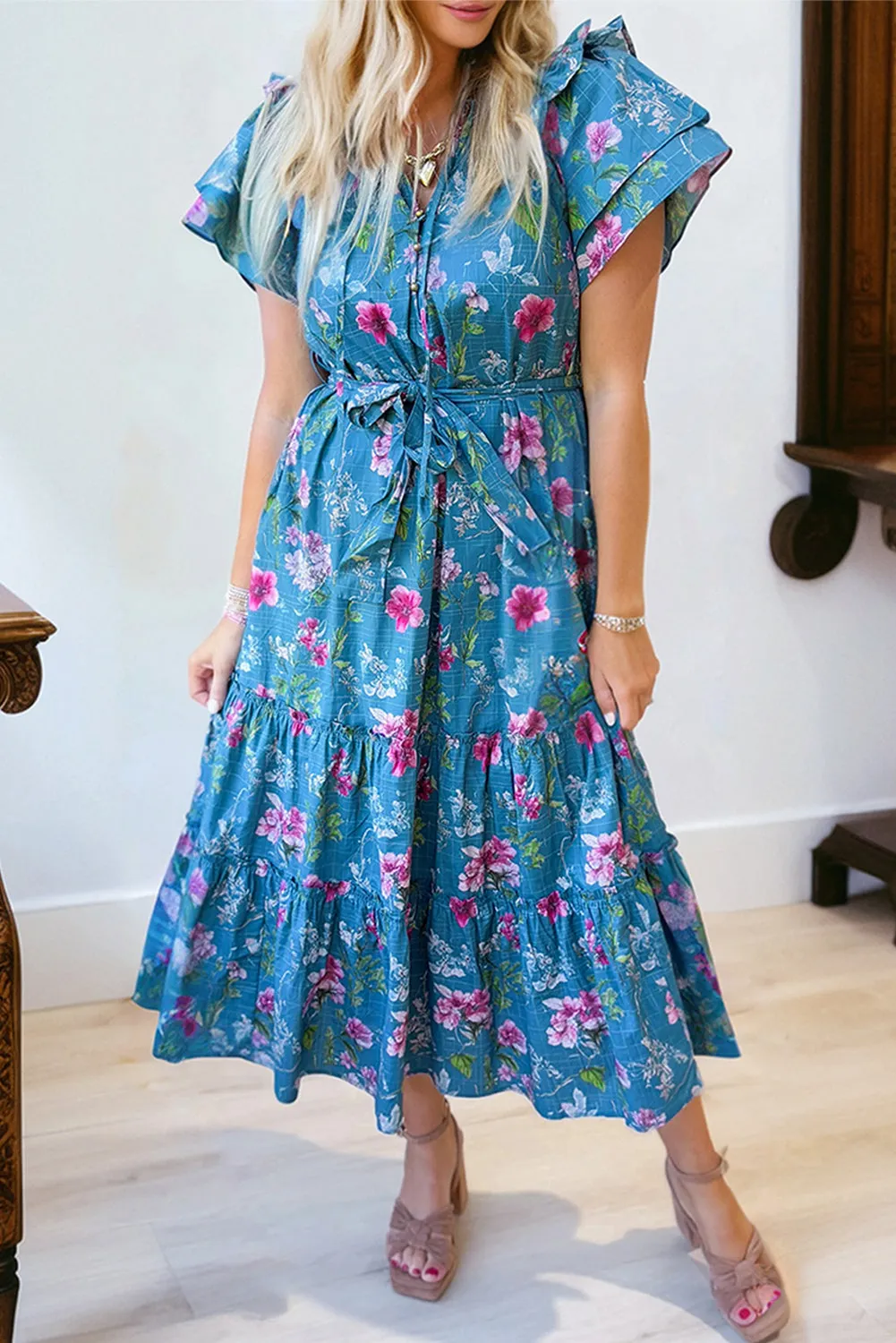 Blue Floral Flutter Sleeve Button Tie Split Neck Belted Long Dress sold by Zulily product image thumbnail 2