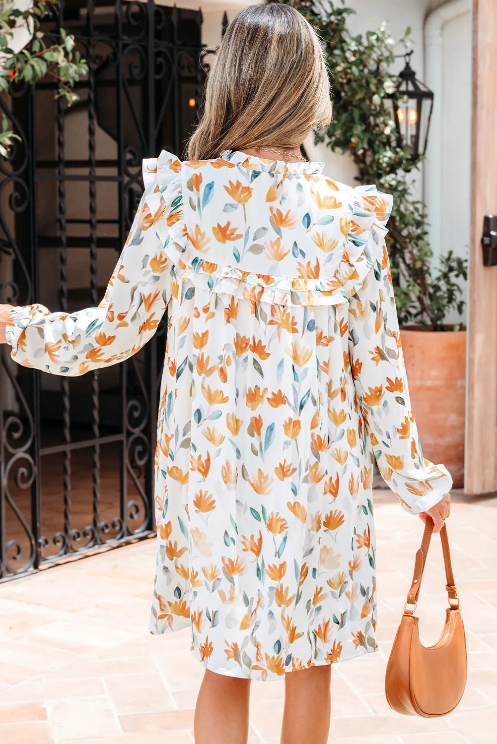 Yellow Floral Print Tie Neck Frilled Detail Long Sleeve Mini Dress sold by Zulily product image thumbnail 4