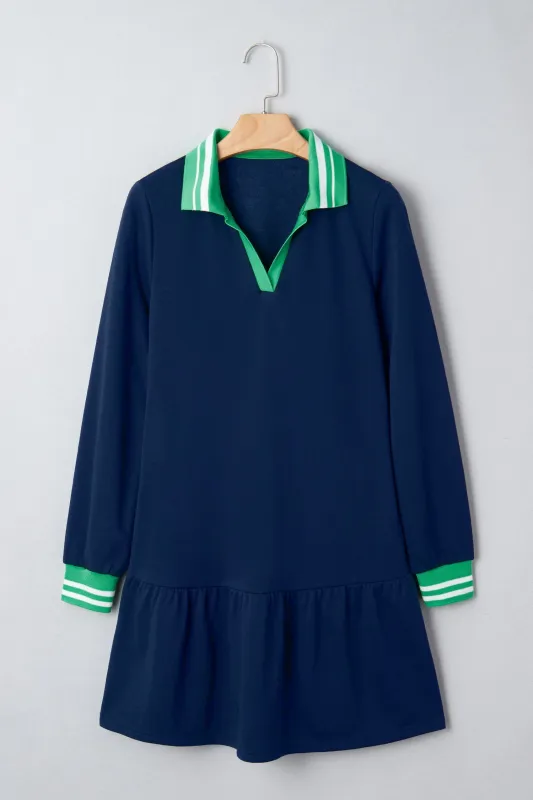 Navy Blue Contrast Striped Cuffs Polo Collar Patchwork Long Sleeve Ruffle Hem Mini Dress made by Zulily