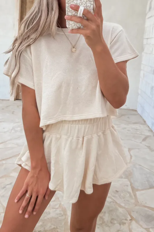 Beige 2pcs Cropped Tee and Ruffle High Waist Skort Set made by Zulily