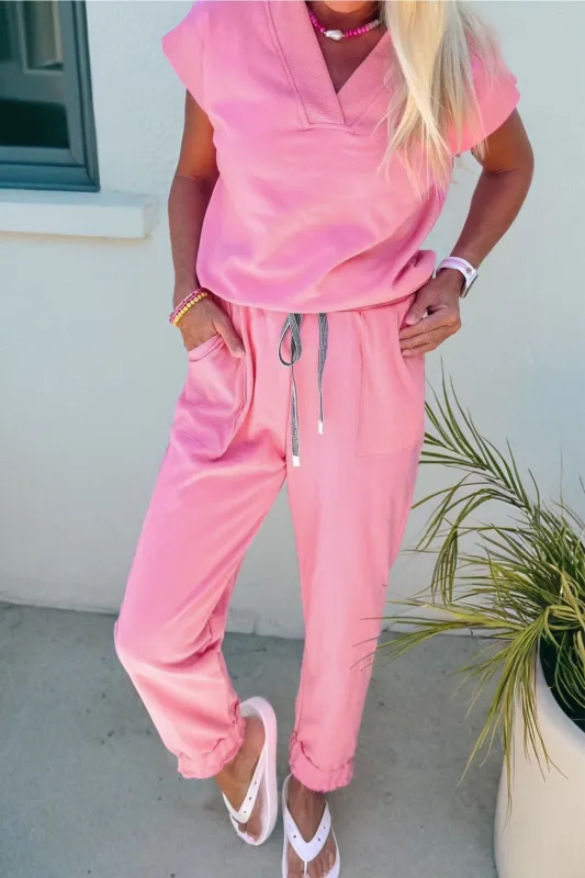 Bonbon Solid Color V Neck Tee Drawstring Pant Set made by Zulily