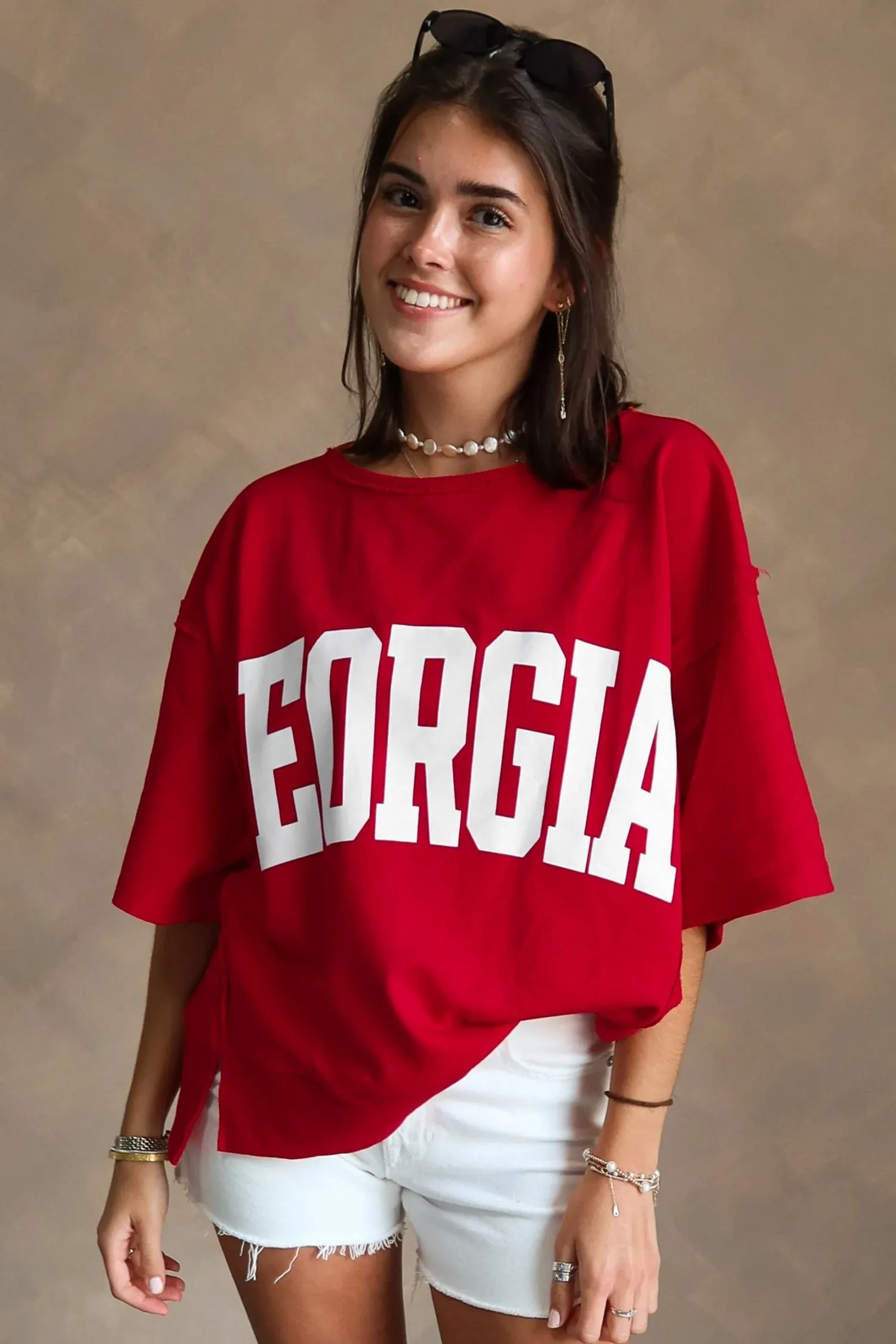 Racing Red GEORGIE Letter Printed Raw Seam Drop Shoulder Loose Tee sold by Zulily product image thumbnail 4
