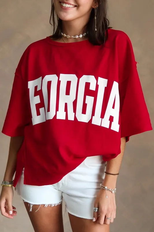 Racing Red GEORGIE Letter Printed Raw Seam Drop Shoulder Loose Tee made by Zulily