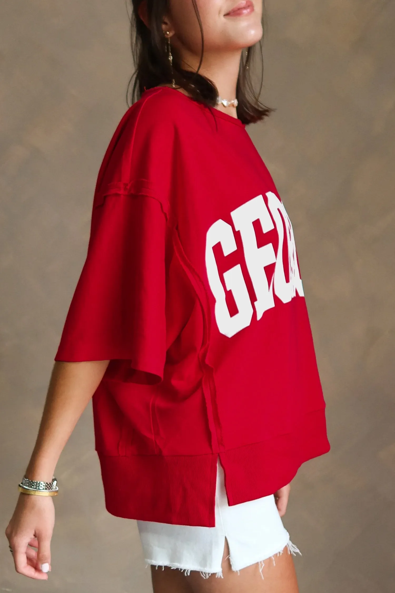 Racing Red GEORGIE Letter Printed Raw Seam Drop Shoulder Loose Tee sold by Zulily product image thumbnail 3