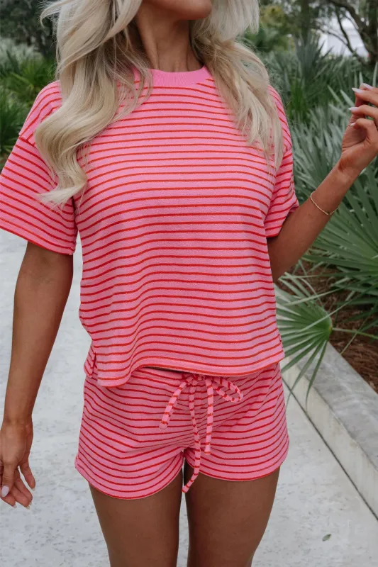 Rose Stripe Side Split Knit Tee Drawstring Shorts Set made by Zulily