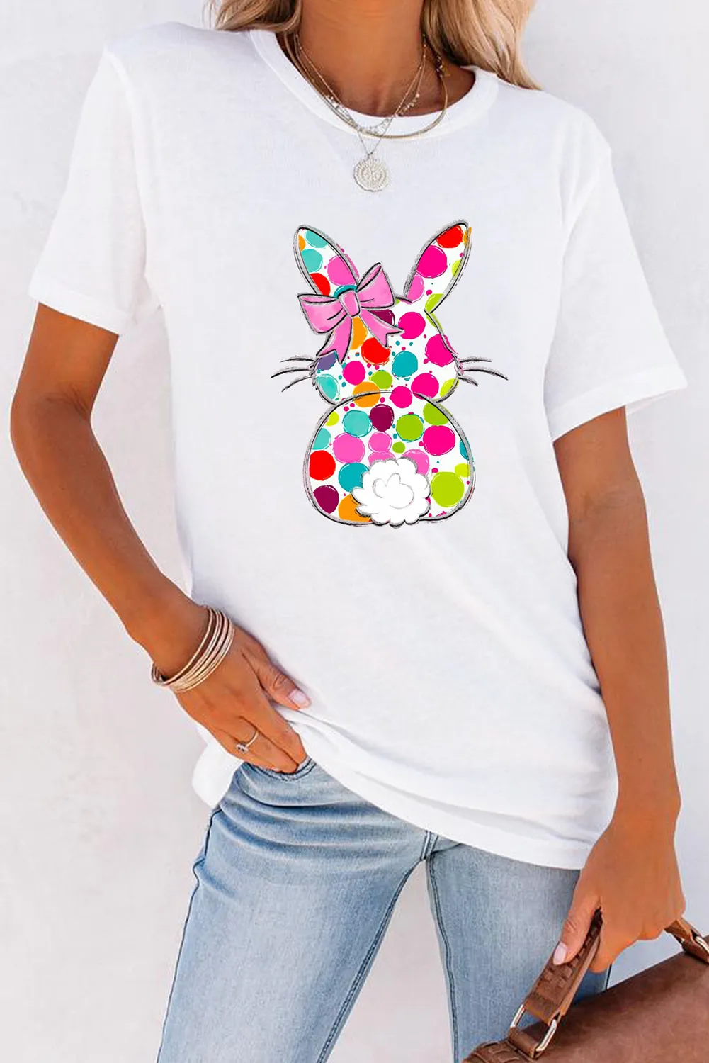 White Polka Dot Bow Rabbit Graphic Crewneck Easter Fashion Tee sold by Zulily product image thumbnail 2