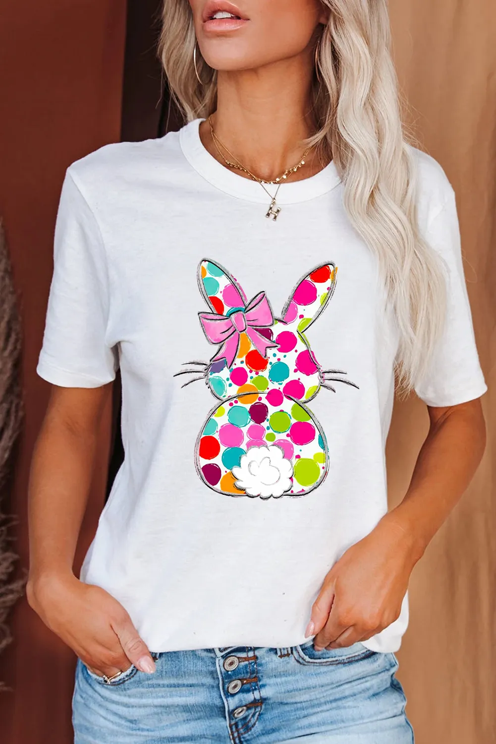 White Polka Dot Bow Rabbit Graphic Crewneck Easter Fashion Tee sold by Zulily product image thumbnail 3