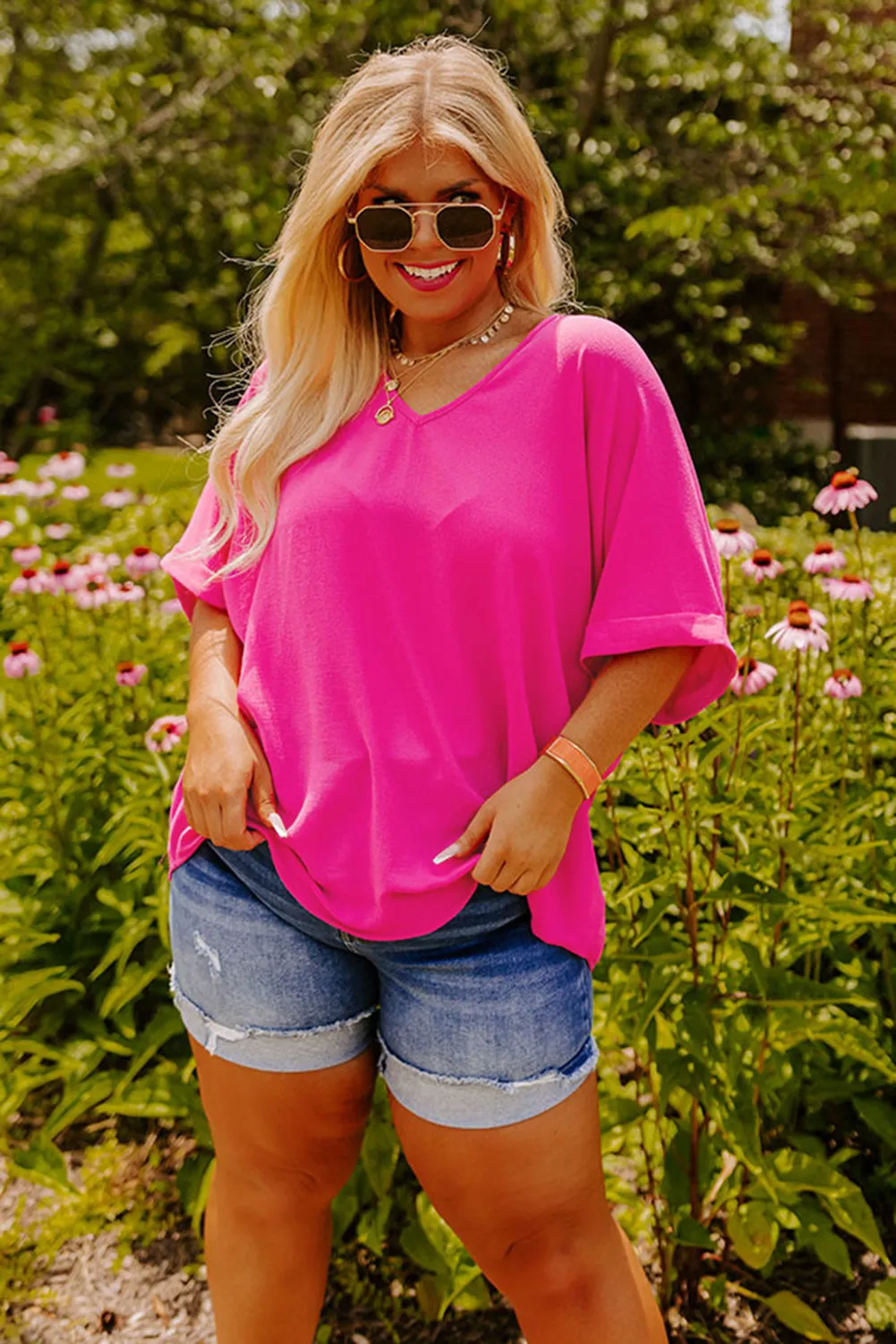 Bright Pink Seamed Back High Low Hem V Neck Cuffed Sleeve Plus Size Tee sold by Zulily product image thumbnail 3