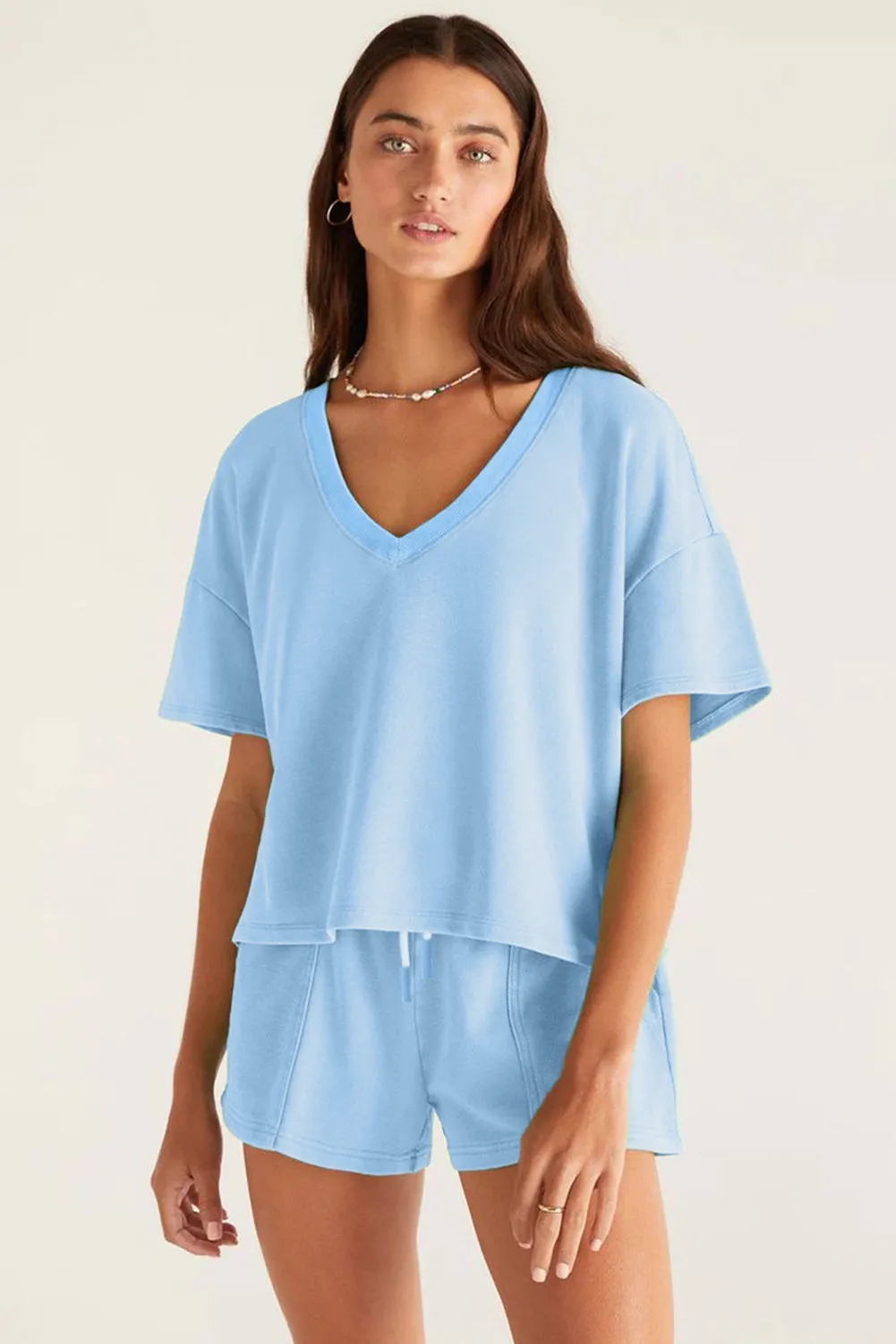 Myosotis V Neck Drop Shoulder Tee and Patchwork Drawstring Shorts Set sold by Zulily product image thumbnail 3