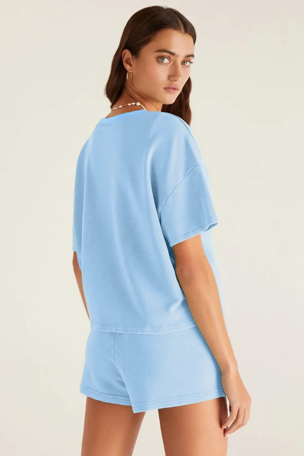 Myosotis V Neck Drop Shoulder Tee and Patchwork Drawstring Shorts Set sold by Zulily product image thumbnail 2