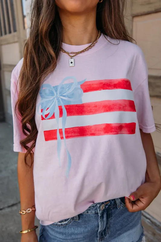 Light Pink Flag Bow Graphic Crewneck Tee made by Zulily
