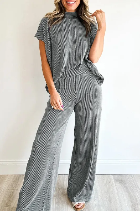 Dark Grey Twisted Ribbed High Neck Loose Tee Elastic High Waist Loose Pant Set made by Zulily