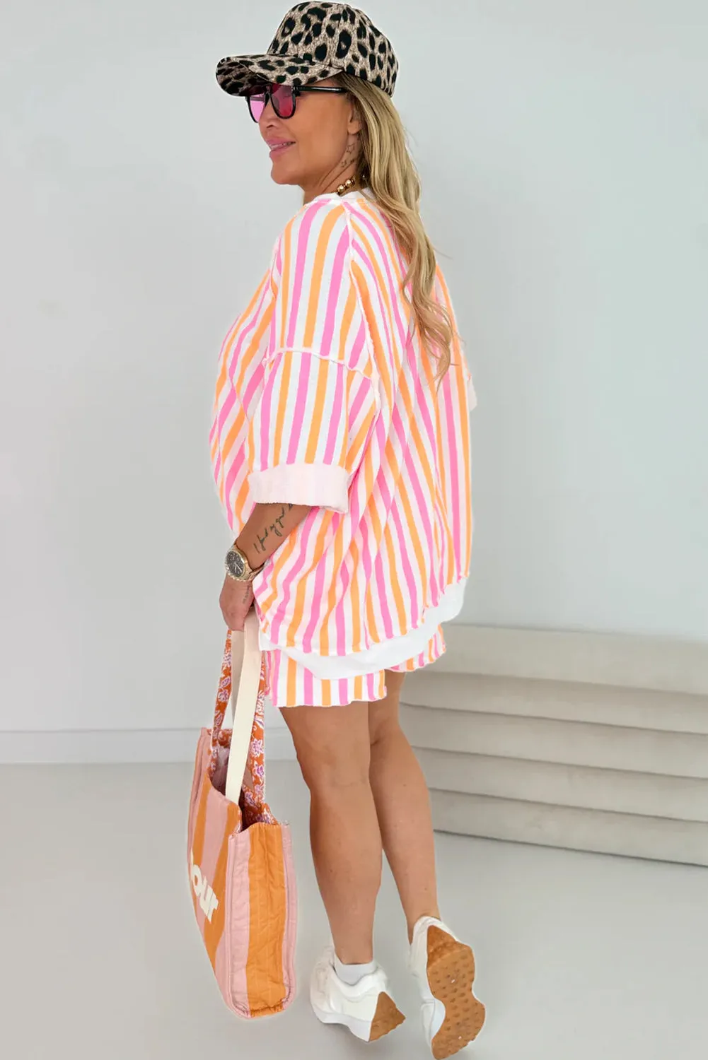 Pink Stripe Drop Shoulder Half Sleeve Loose Tee and Shorts Casual Set sold by Zulily product image thumbnail 2