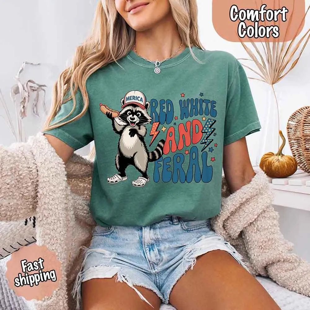 Red White & Feral Comfort Colors Tee – Funny Raccoon 4th of July Shirt sold by Zulily product image thumbnail 5