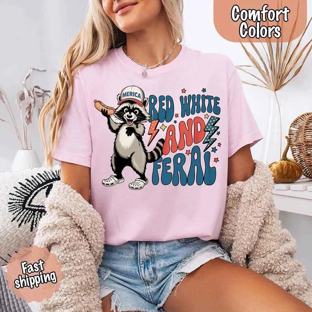 Red White & Feral Comfort Colors Tee – Funny Raccoon 4th of July Shirt sold by Zulily product image thumbnail 3