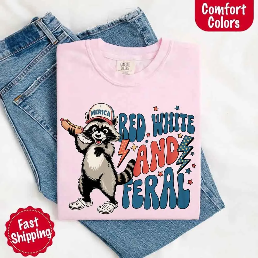 Red White & Feral Comfort Colors Tee – Funny Raccoon 4th of July Shirt sold by Zulily product image thumbnail 4