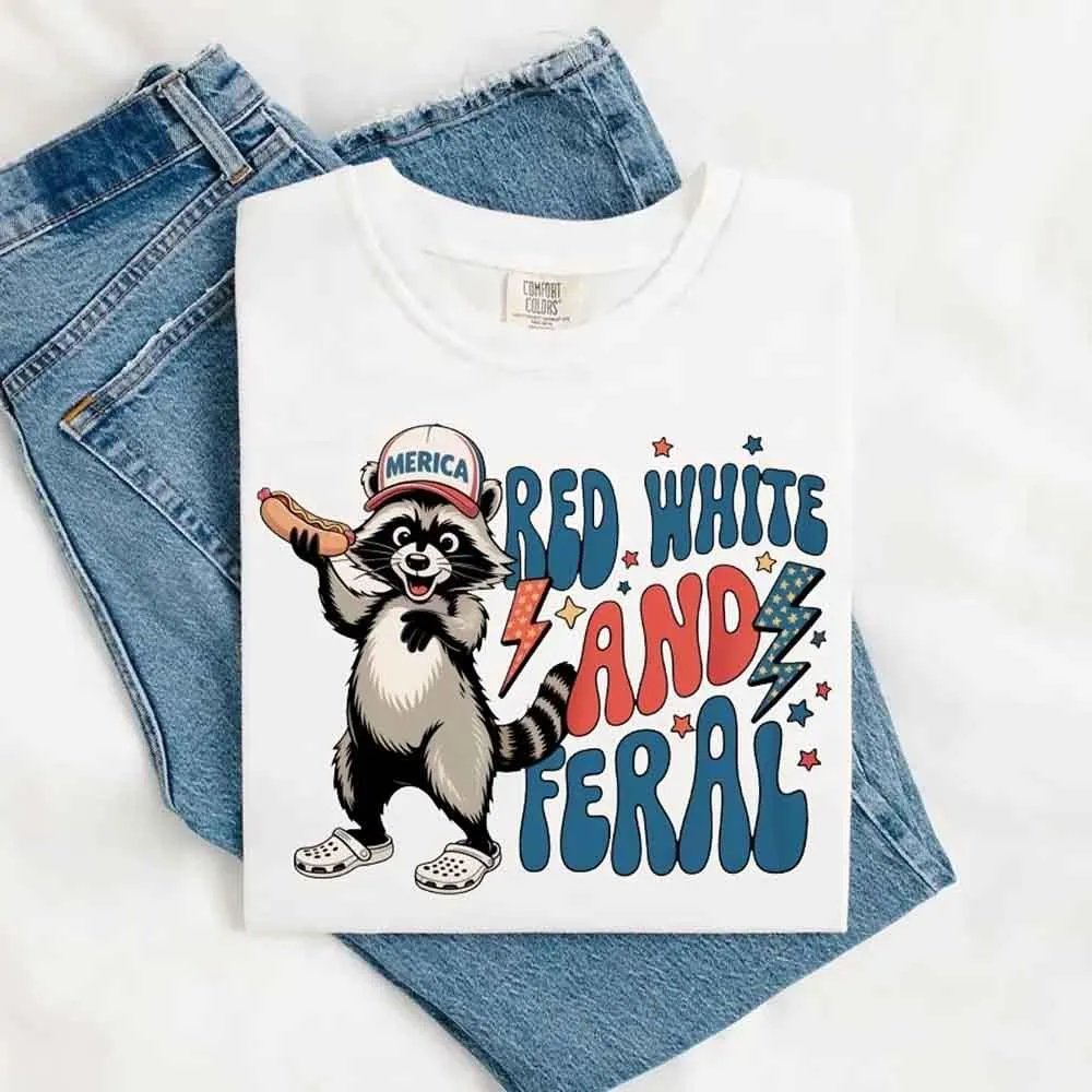 Red White & Feral Comfort Colors Tee – Funny Raccoon 4th of July Shirt sold by Zulily