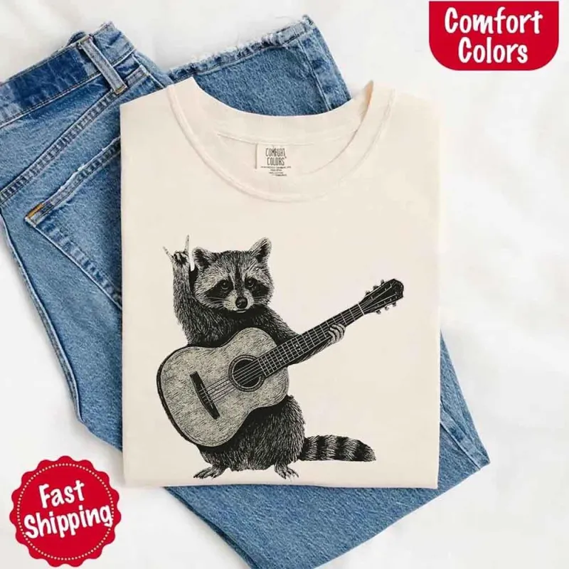 Raccoon Playing A Guitar, Funny Animals Comfort Colors T-Shirt made by Zulily