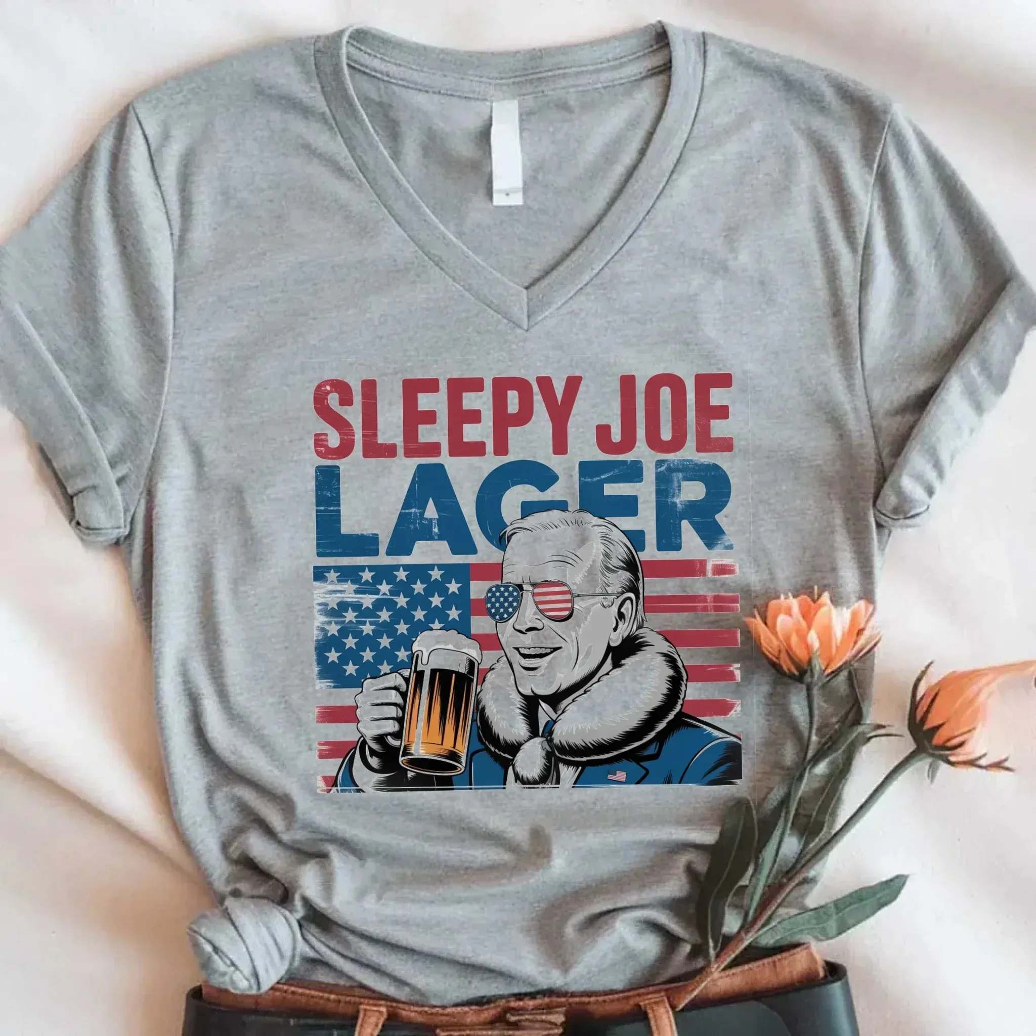 Sleepy Joe Lager V-Neck T-Shirt – Biden-Inspired Funny Beer Tee for 4th of July sold by Zulily product image thumbnail 3