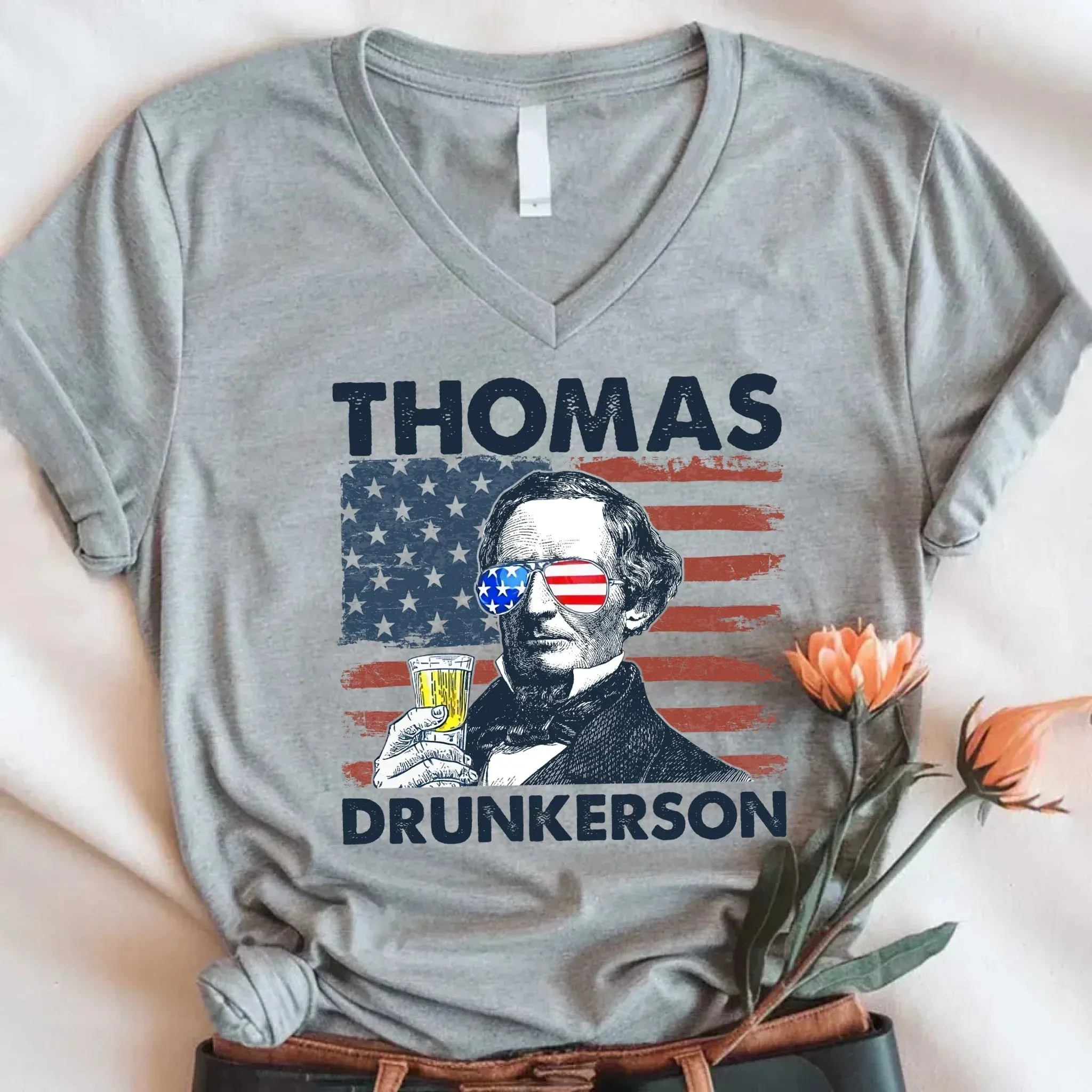Thomas Drunkerson 4th of July Unisex V-Neck Shirt – Jefferson-Inspired Boozy Tee sold by Zulily product image thumbnail 2