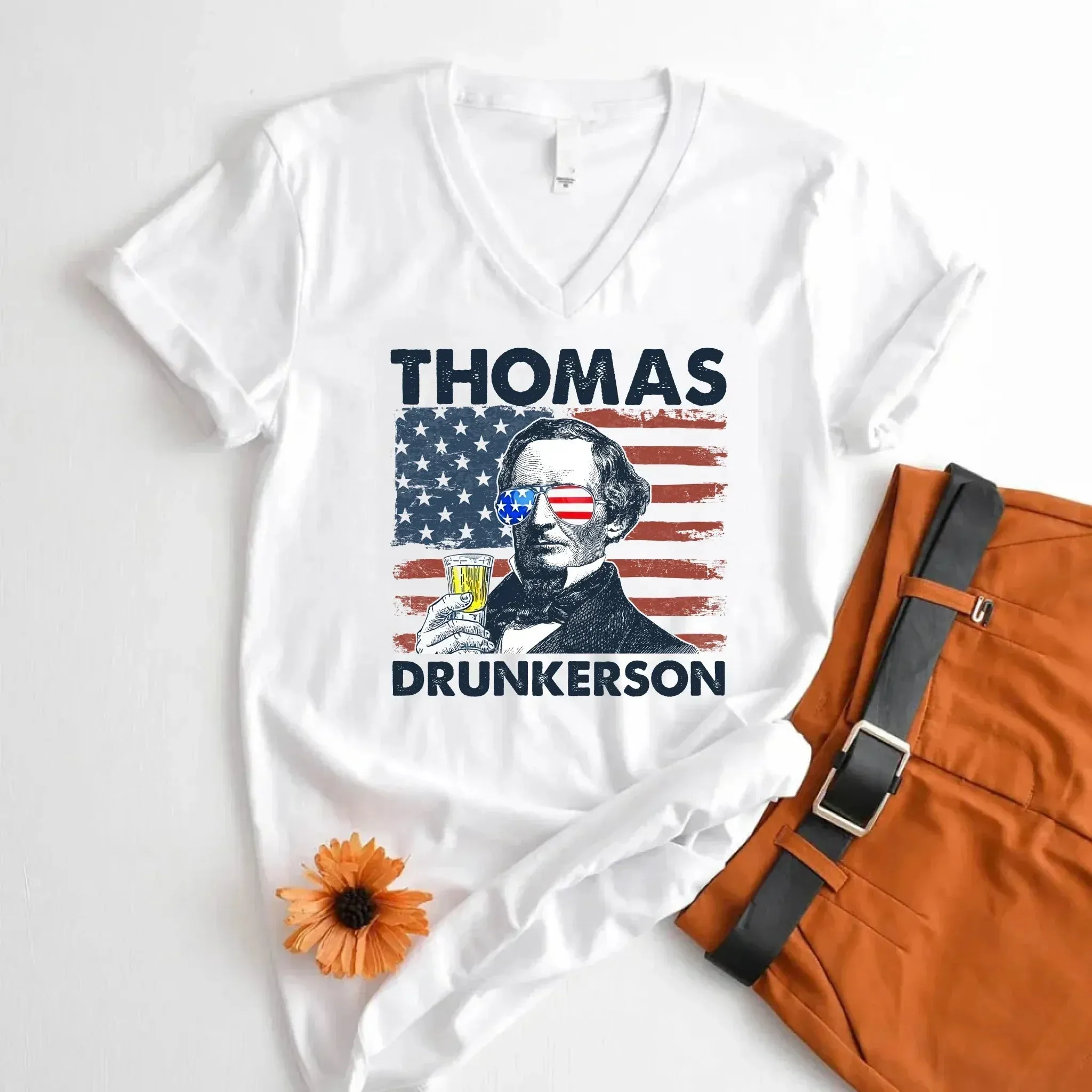 Thomas Drunkerson 4th of July Unisex V-Neck Shirt – Jefferson-Inspired Boozy Tee sold by Zulily