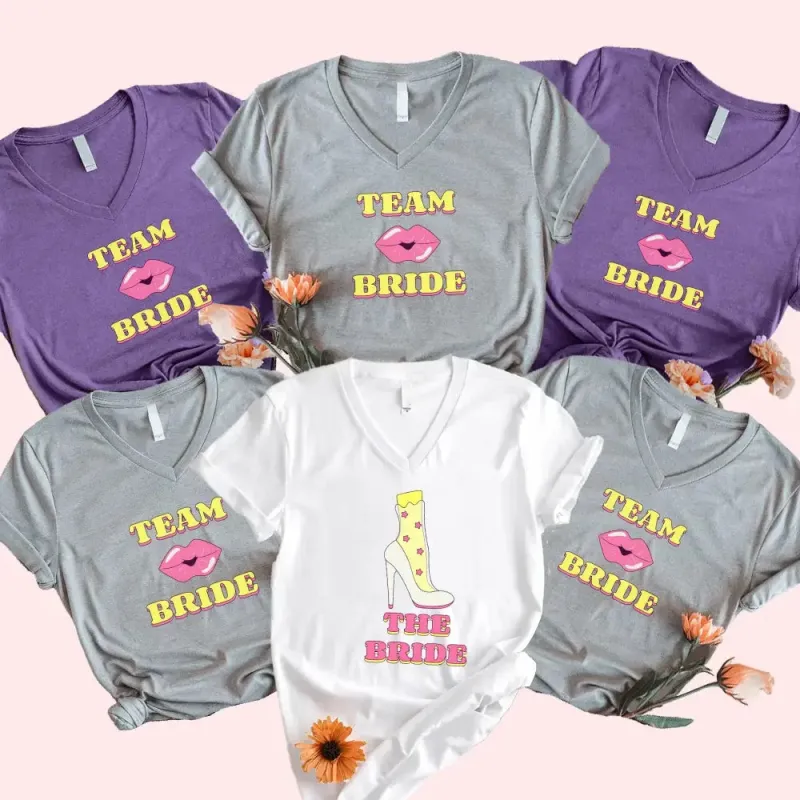 🍾 Team Bride & The Bride 💍 Bachelorette Party Matching V-Neck T-Shirts made by Zulily